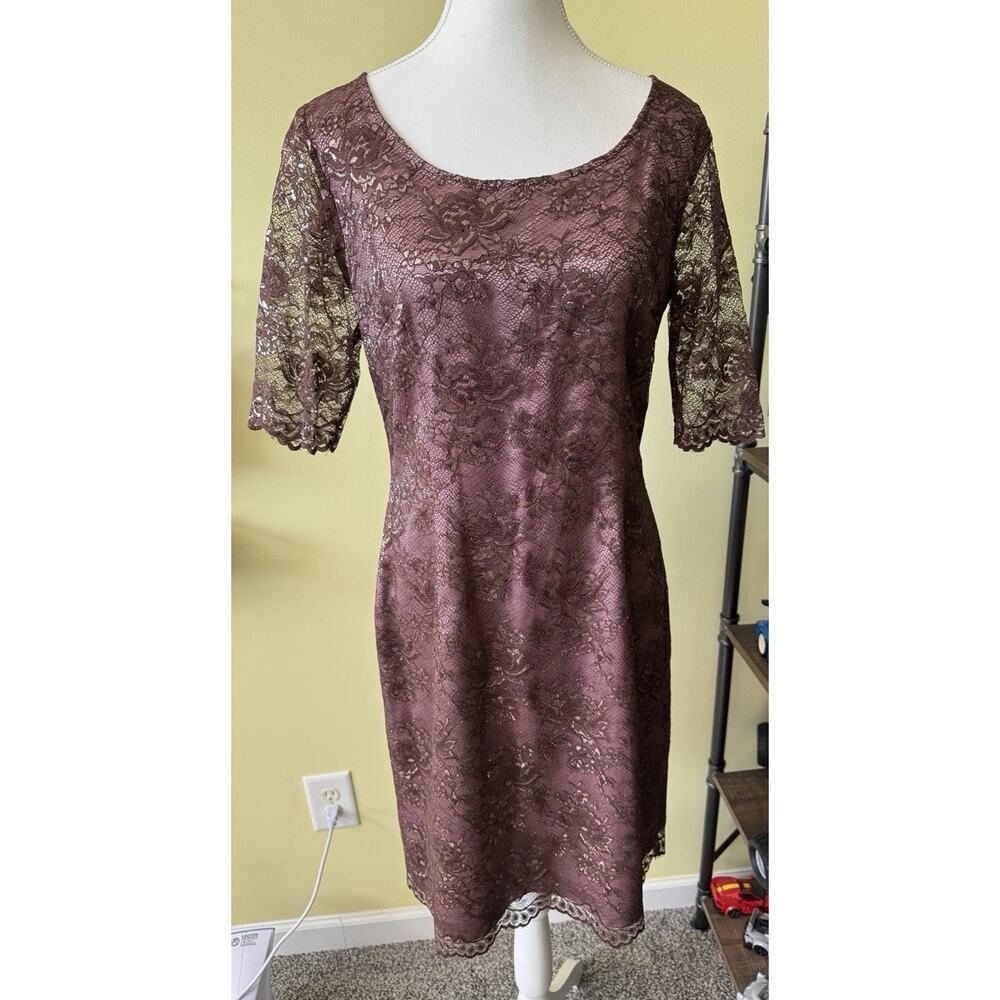 Antonio Melani Lace Sheath Dress Mauve Pink Brown Floral Lined Sz10 Keyhole Back